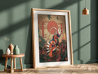 Poster of Koraidon character in Japanese style with red sun, floral background, and birds