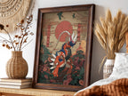 Poster of Koraidon character in Japanese style with red sun, floral background, and birds