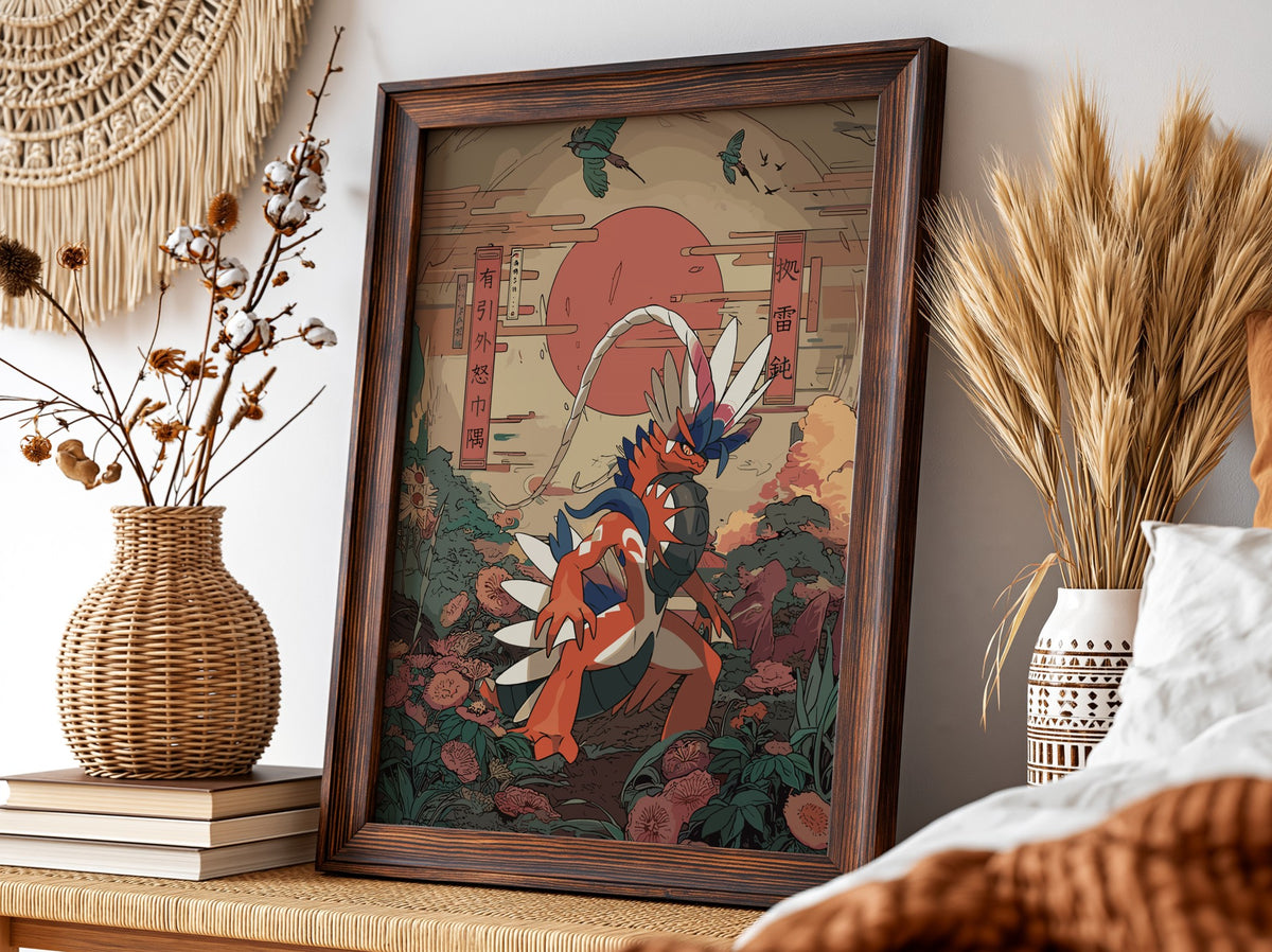 Poster of Koraidon character in Japanese style with red sun, floral background, and birds