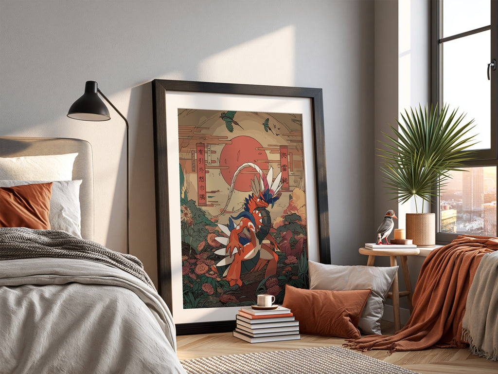 Poster of Koraidon character in Japanese style with red sun, floral background, and birds