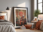 Poster of Koraidon character in Japanese style with red sun, floral background, and birds