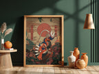 Poster of Koraidon character in Japanese style with red sun, floral background, and birds