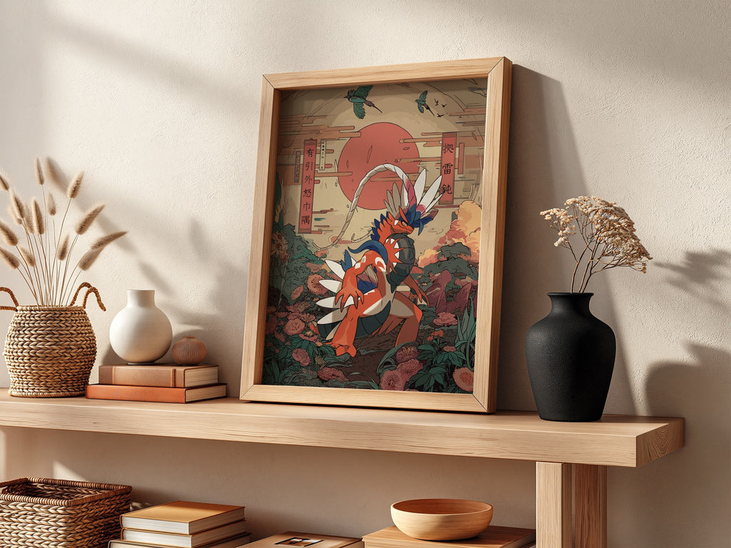 Poster of Koraidon character in Japanese style with red sun, floral background, and birds