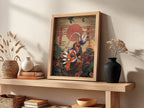 Poster of Koraidon character in Japanese style with red sun, floral background, and birds