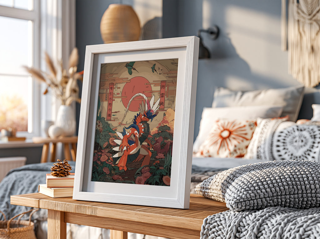 Poster of Koraidon character in Japanese style with red sun, floral background, and birds