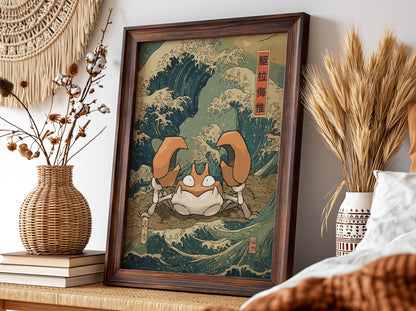 Pokemon poster featuring Krabby with Japanese wave design in indigo and cream vintage style