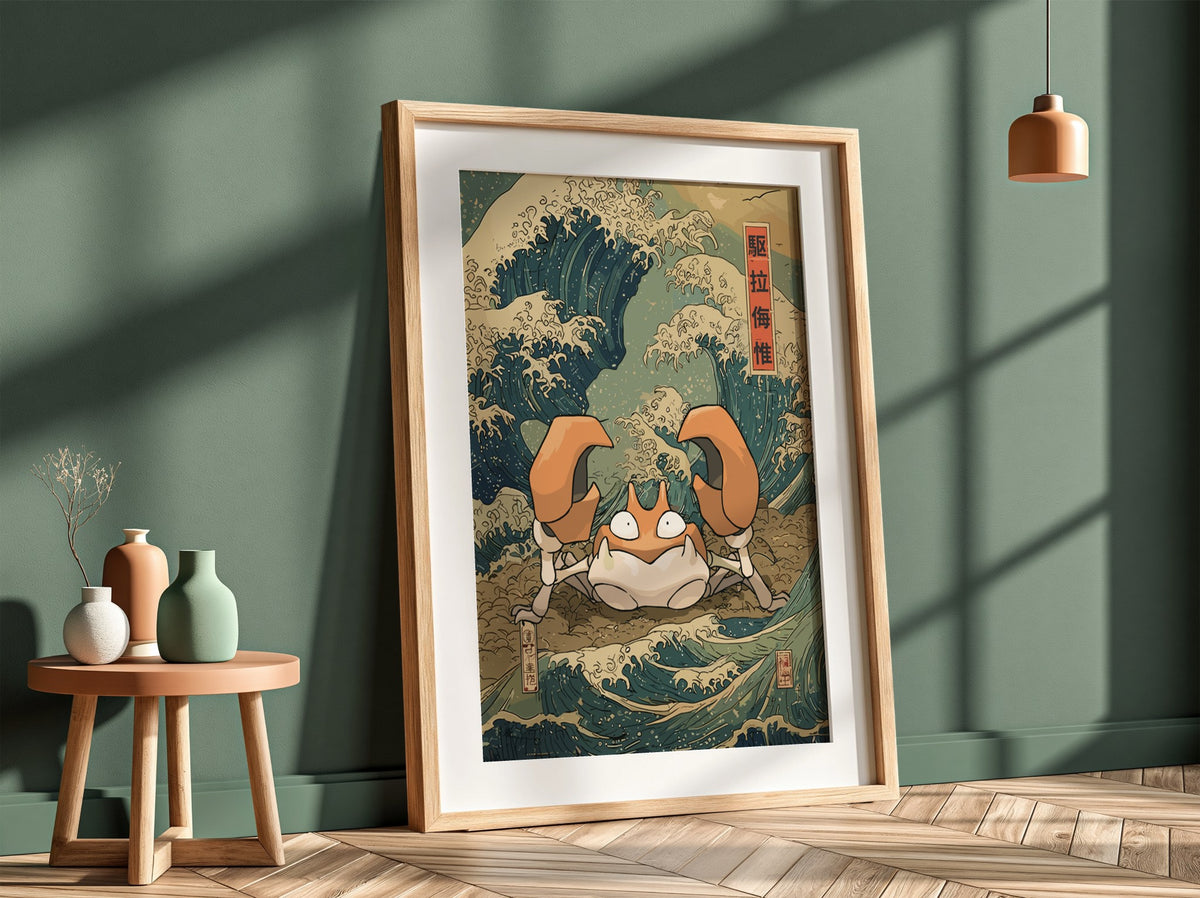 Pokemon poster featuring Krabby with Japanese wave design in indigo and cream vintage style