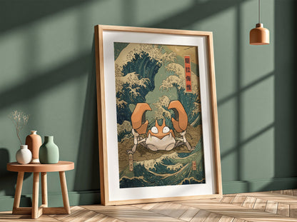 Pokemon poster featuring Krabby with Japanese wave design in indigo and cream vintage style