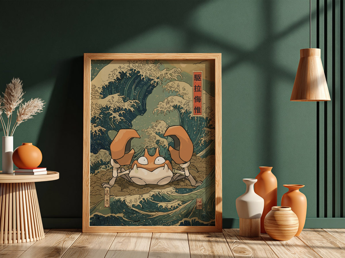 Pokemon poster featuring Krabby with Japanese wave design in indigo and cream vintage style