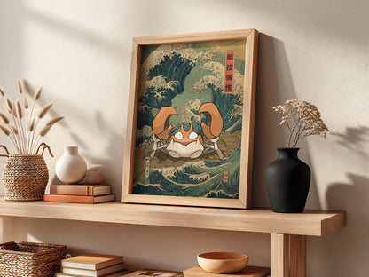 Pokemon poster featuring Krabby with Japanese wave design in indigo and cream vintage style
