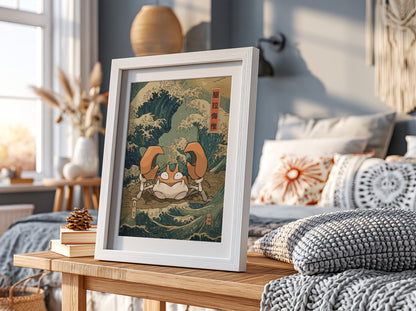 Pokemon poster featuring Krabby with Japanese wave design in indigo and cream vintage style