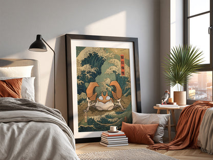 Pokemon poster featuring Krabby with Japanese wave design in indigo and cream vintage style