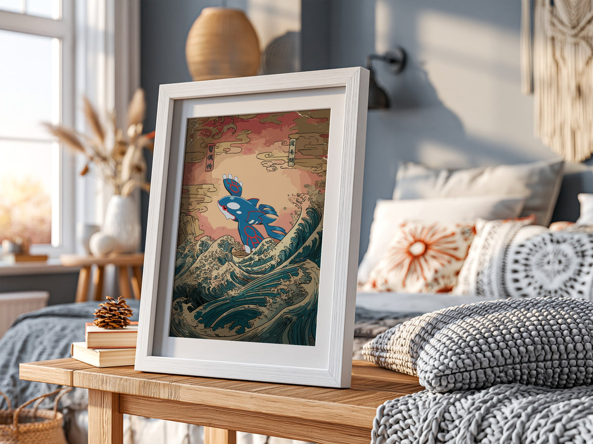 Pokemon poster with Kyogre in blue and red rising above stylized ocean waves in traditional Japanese art style