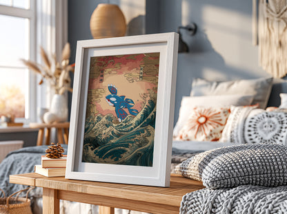 Pokemon poster with Kyogre in blue and red rising above stylized ocean waves in traditional Japanese art style