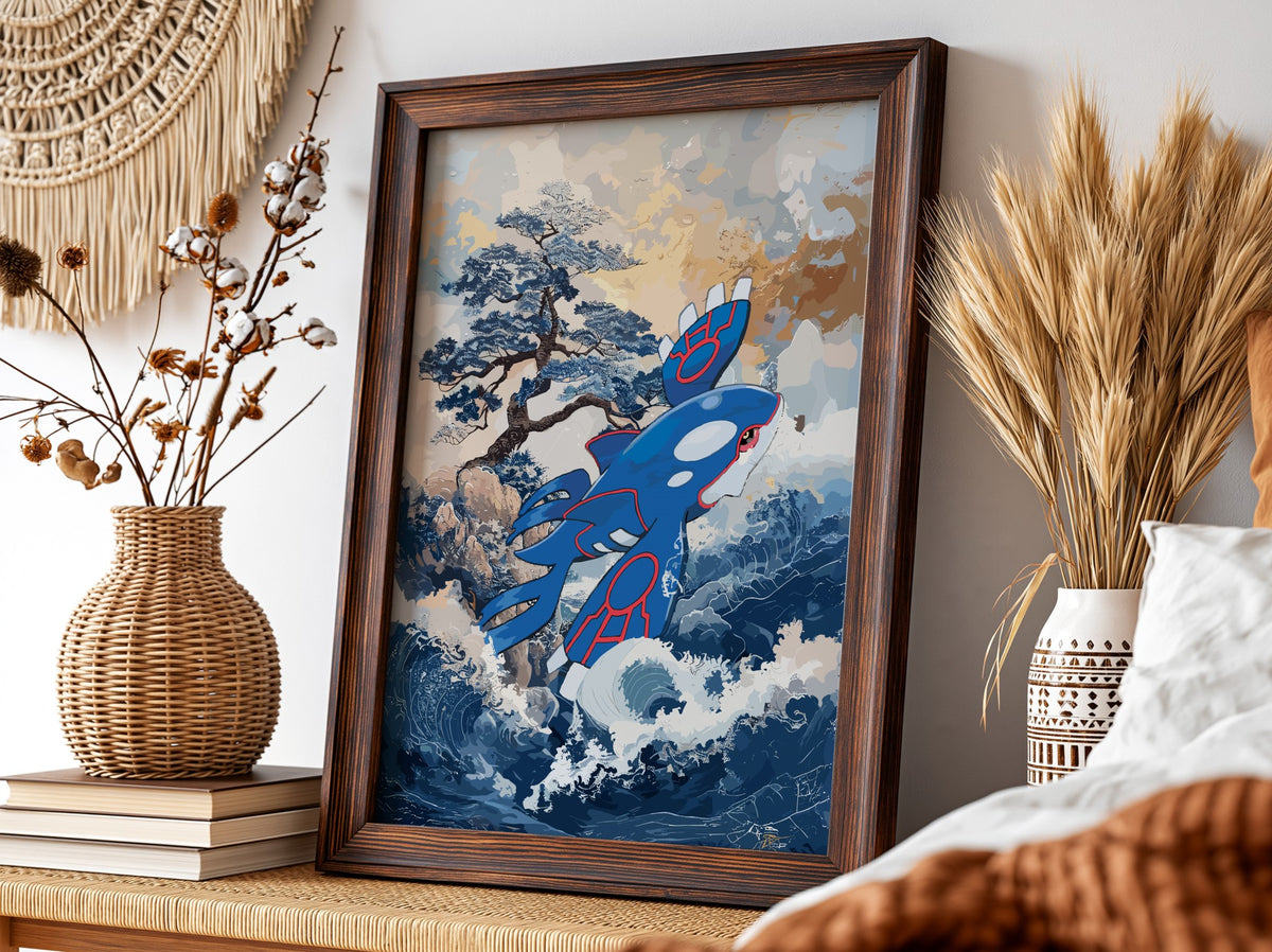Poster of Kyogre in stylized blue and red with ocean waves and tree background