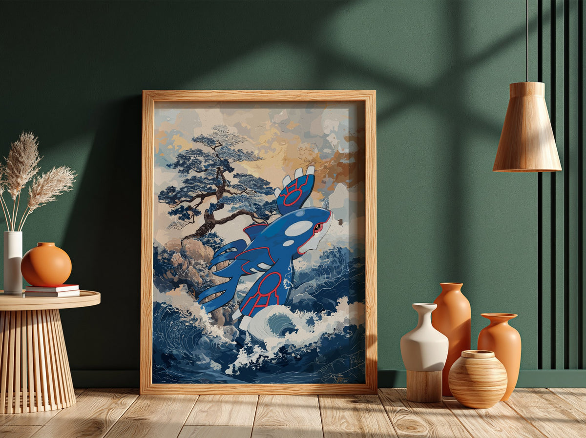 Poster of Kyogre in stylized blue and red with ocean waves and tree background