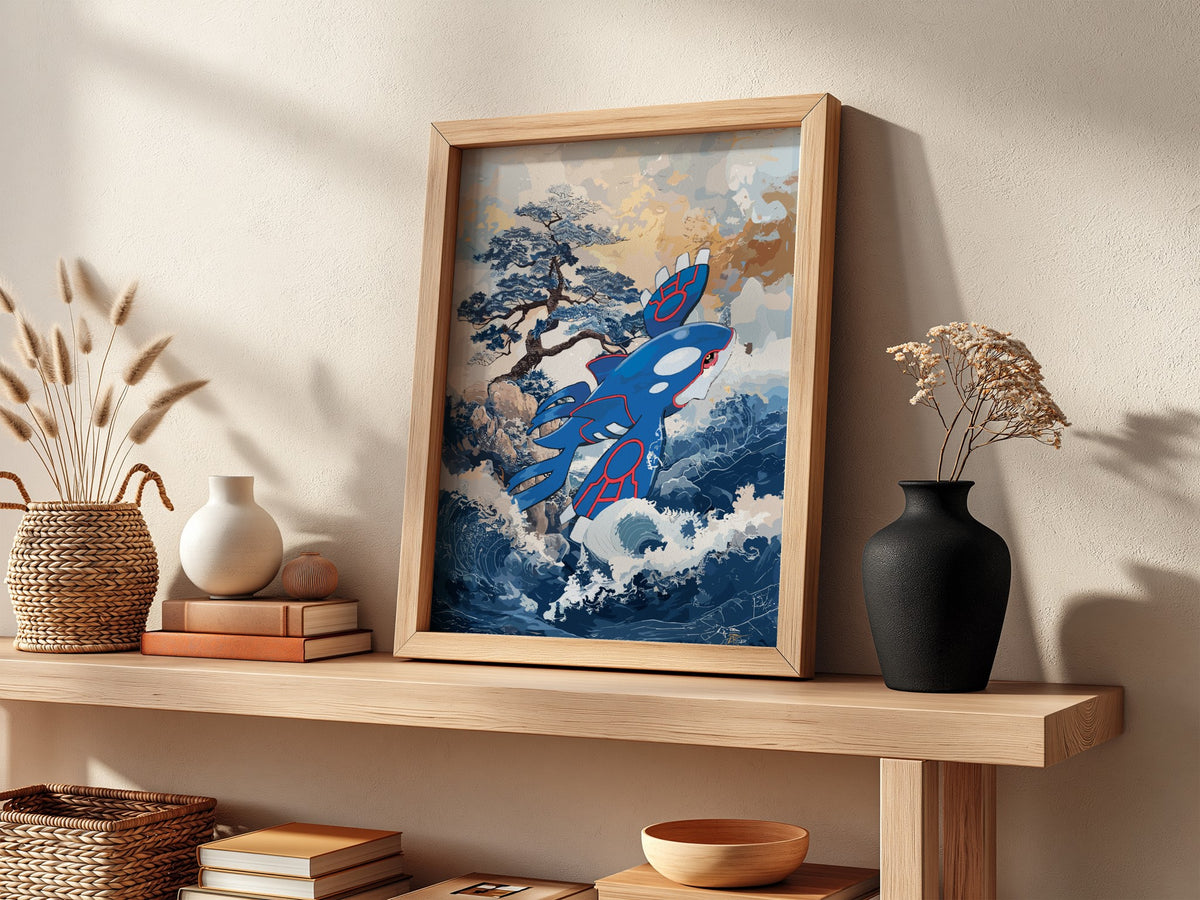 Poster of Kyogre in stylized blue and red with ocean waves and tree background