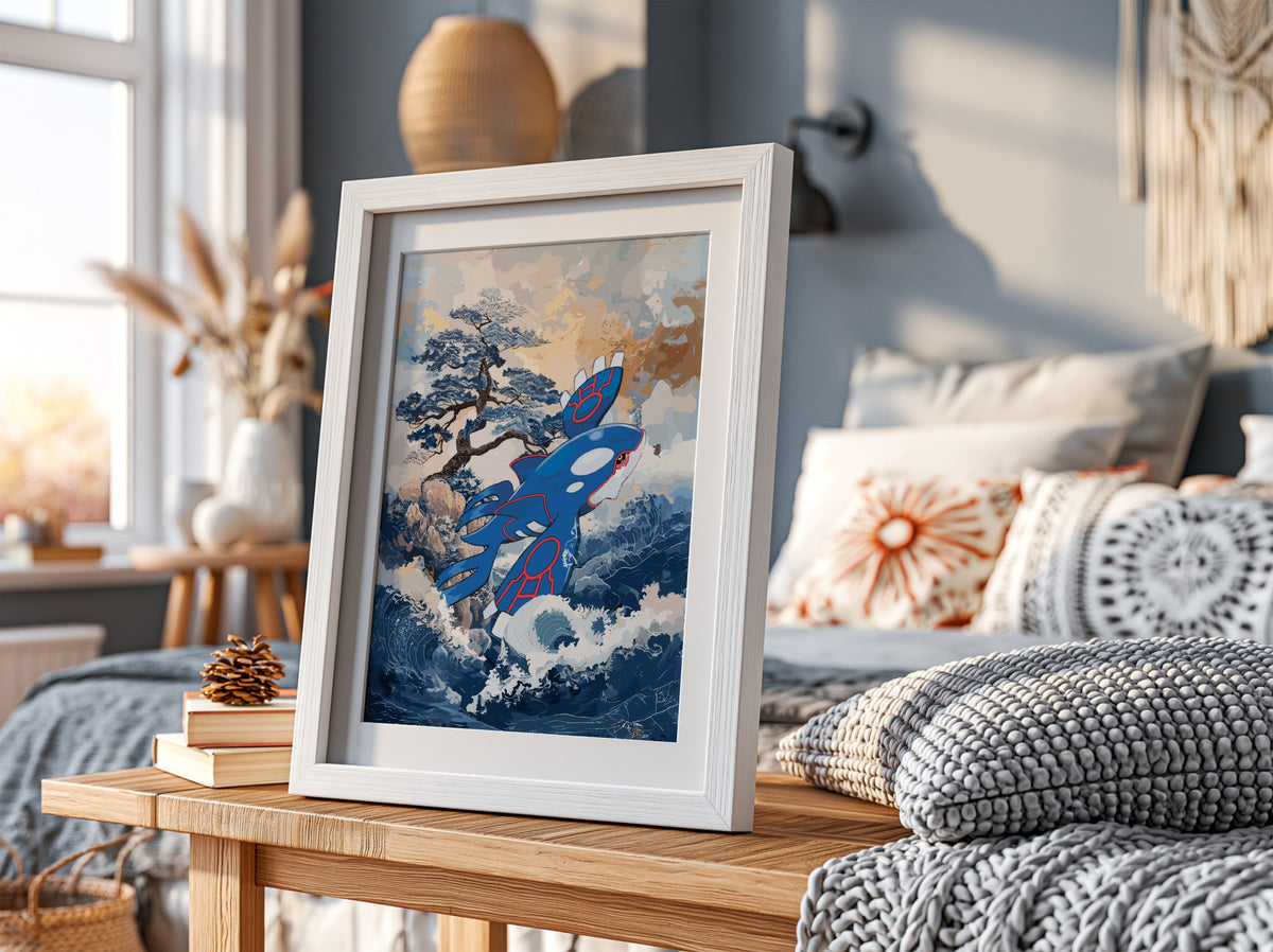Poster of Kyogre in stylized blue and red with ocean waves and tree background
