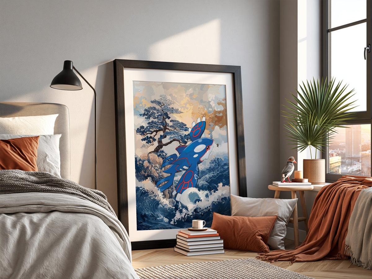 Poster of Kyogre in stylized blue and red with ocean waves and tree background