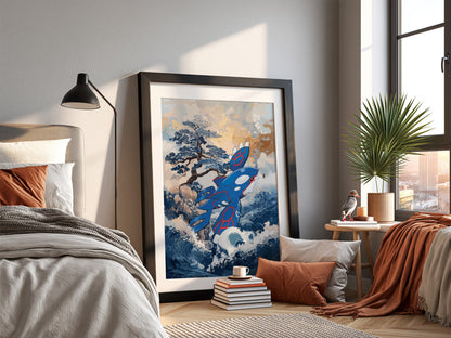 Poster of Kyogre in stylized blue and red with ocean waves and tree background