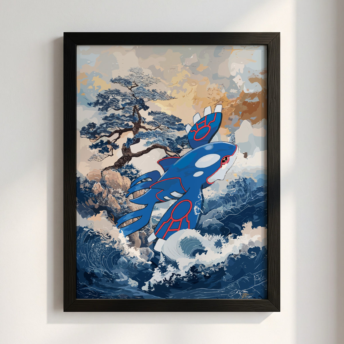 Poster of Kyogre in stylized blue and red with ocean waves and tree background
