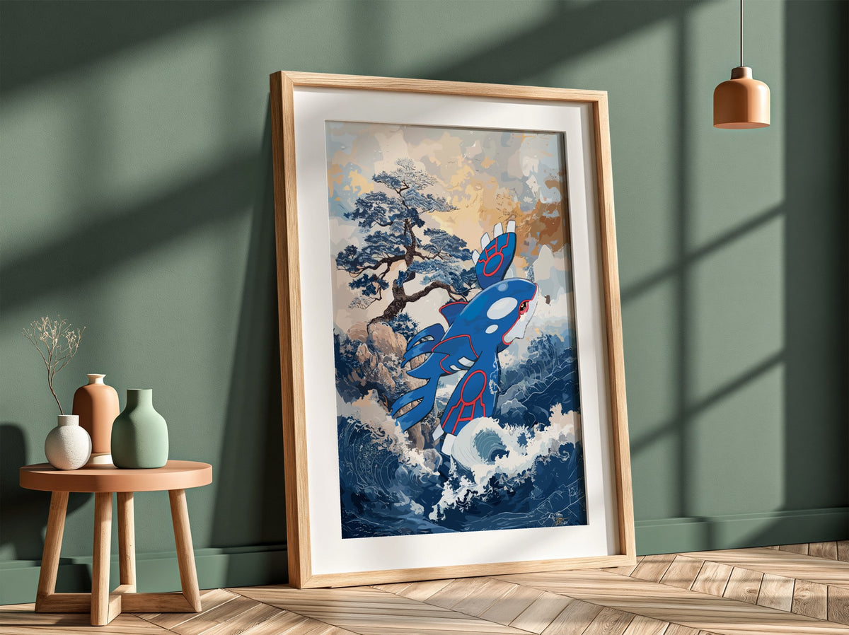 Poster of Kyogre in stylized blue and red with ocean waves and tree background