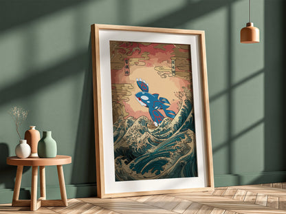 Pokemon poster with Kyogre in blue and red rising above stylized ocean waves in traditional Japanese art style
