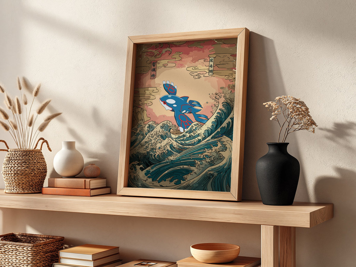 Pokemon poster with Kyogre in blue and red rising above stylized ocean waves in traditional Japanese art style