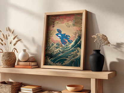 Pokemon poster with Kyogre in blue and red rising above stylized ocean waves in traditional Japanese art style