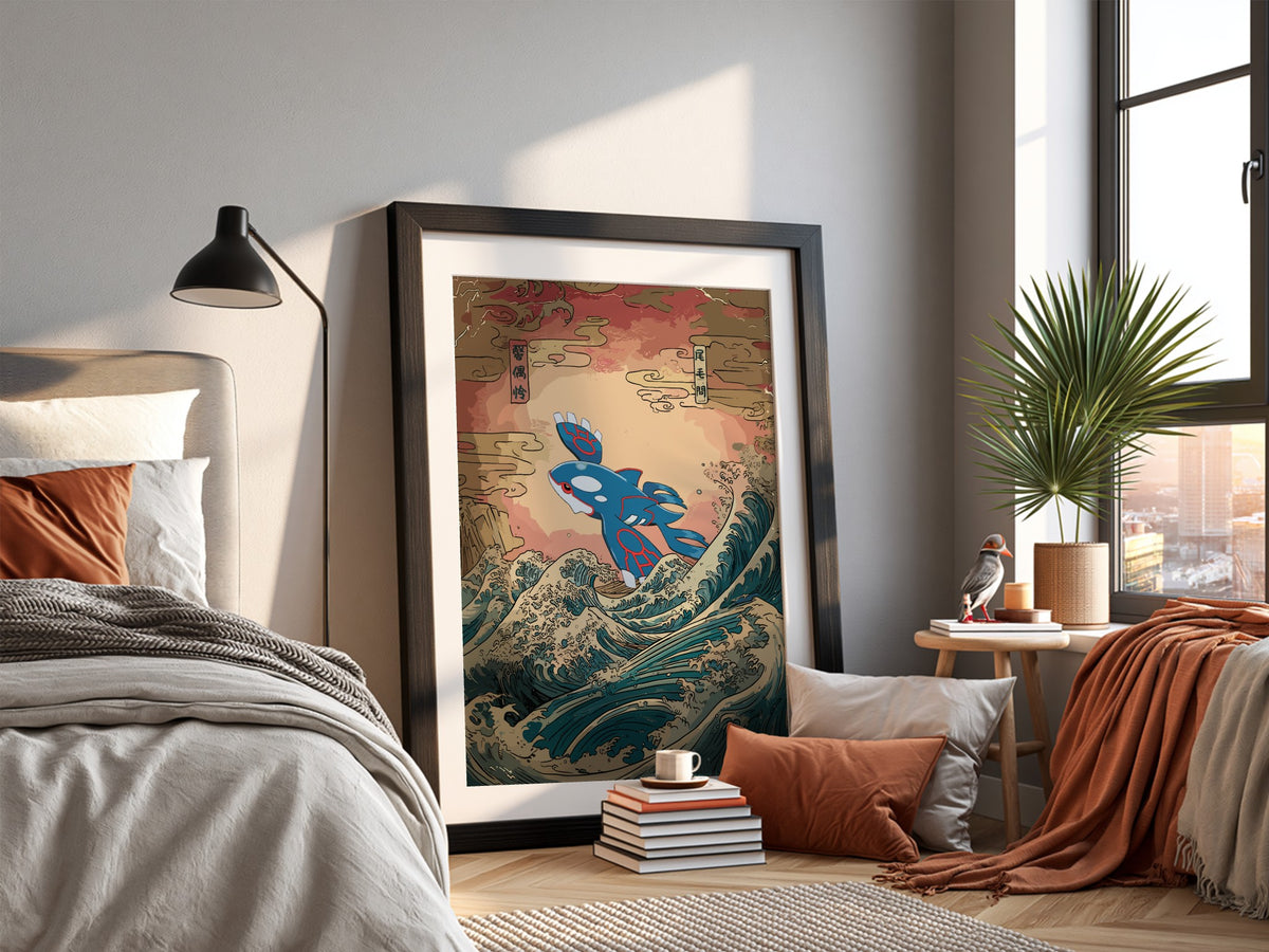 Pokemon poster with Kyogre in blue and red rising above stylized ocean waves in traditional Japanese art style