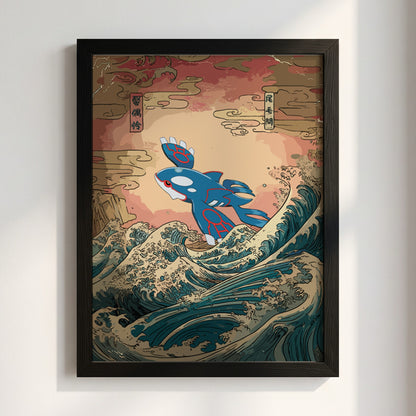 Pokemon poster with Kyogre in blue and red rising above stylized ocean waves in traditional Japanese art style