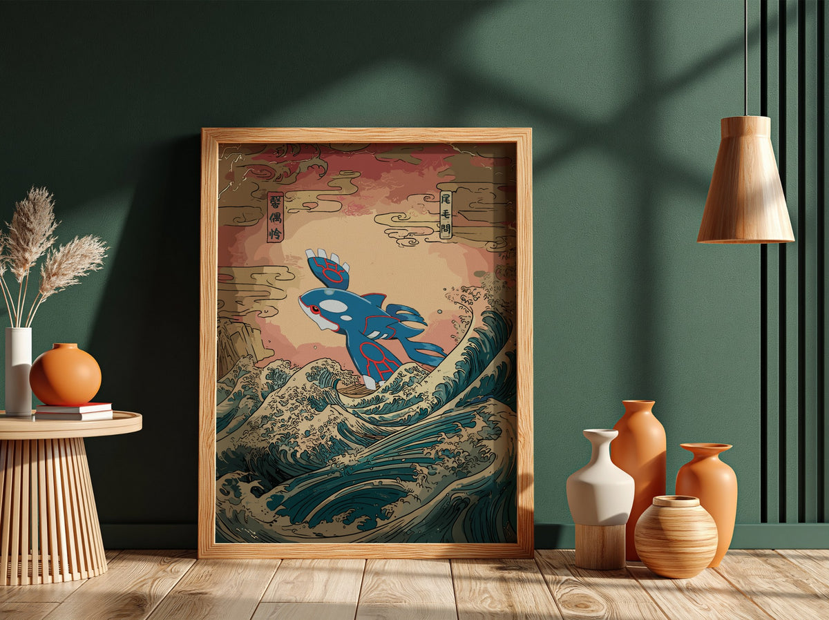 Pokemon poster with Kyogre in blue and red rising above stylized ocean waves in traditional Japanese art style
