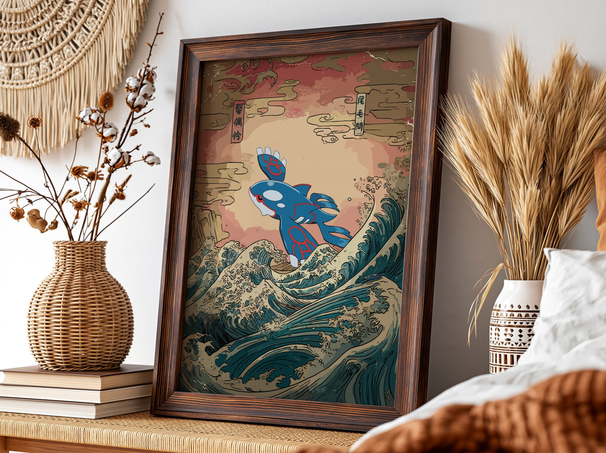 Pokemon poster with Kyogre in blue and red rising above stylized ocean waves in traditional Japanese art style