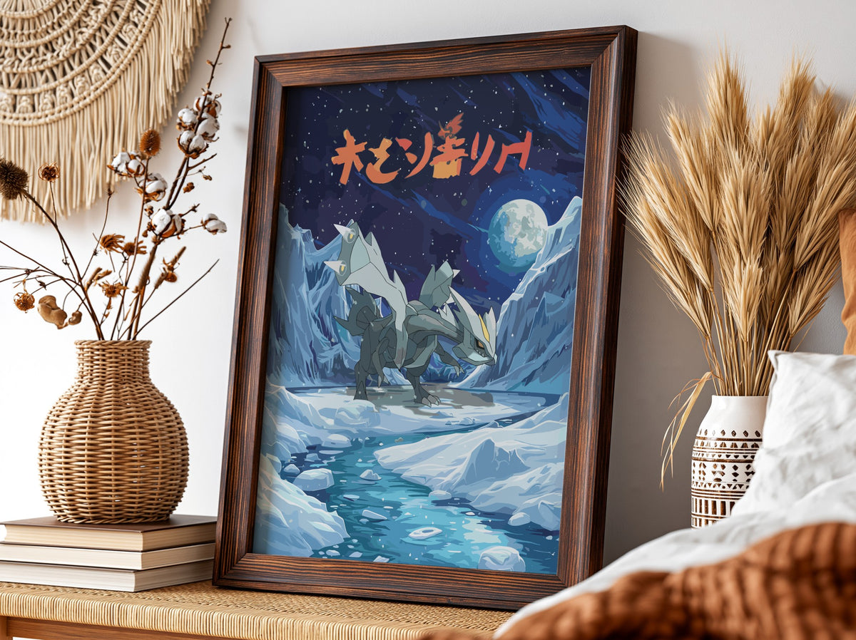 Poster of Kyurem ice dragon in snowy mountains under moonlit night with Japanese text in bold orange