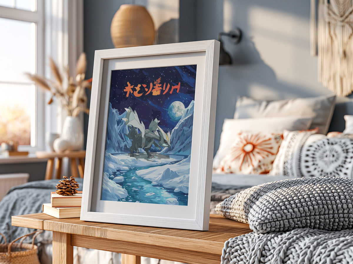 Poster of Kyurem ice dragon in snowy mountains under moonlit night with Japanese text in bold orange
