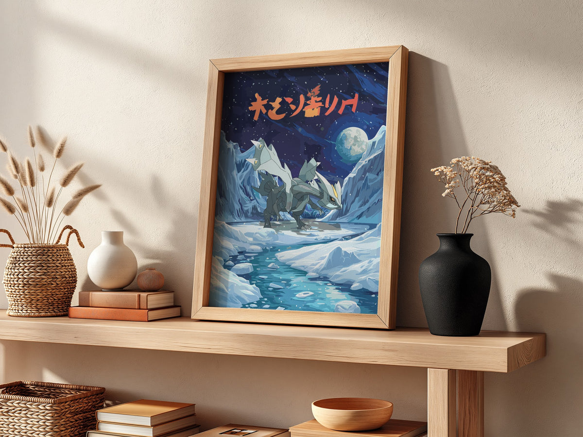 Poster of Kyurem ice dragon in snowy mountains under moonlit night with Japanese text in bold orange