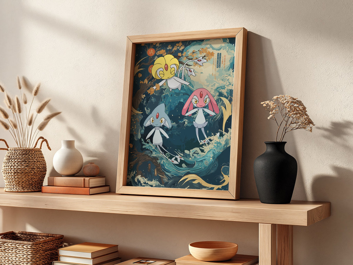 Lake Guardians poster featuring Uxie, Mesprit, Azelf in blue and gold tones with swirling lake and autumn