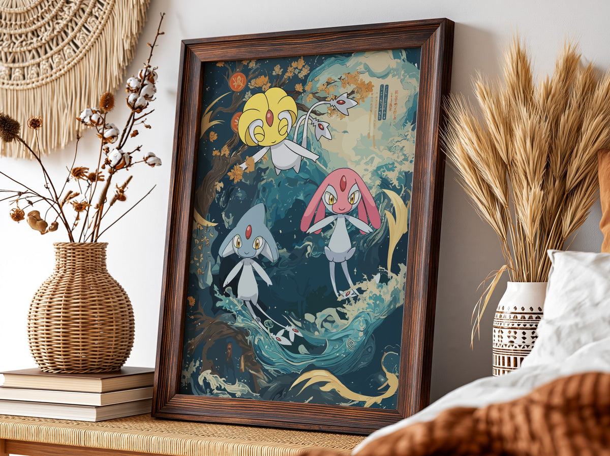 Lake Guardians poster featuring Uxie, Mesprit, Azelf in blue and gold tones with swirling lake and autumn