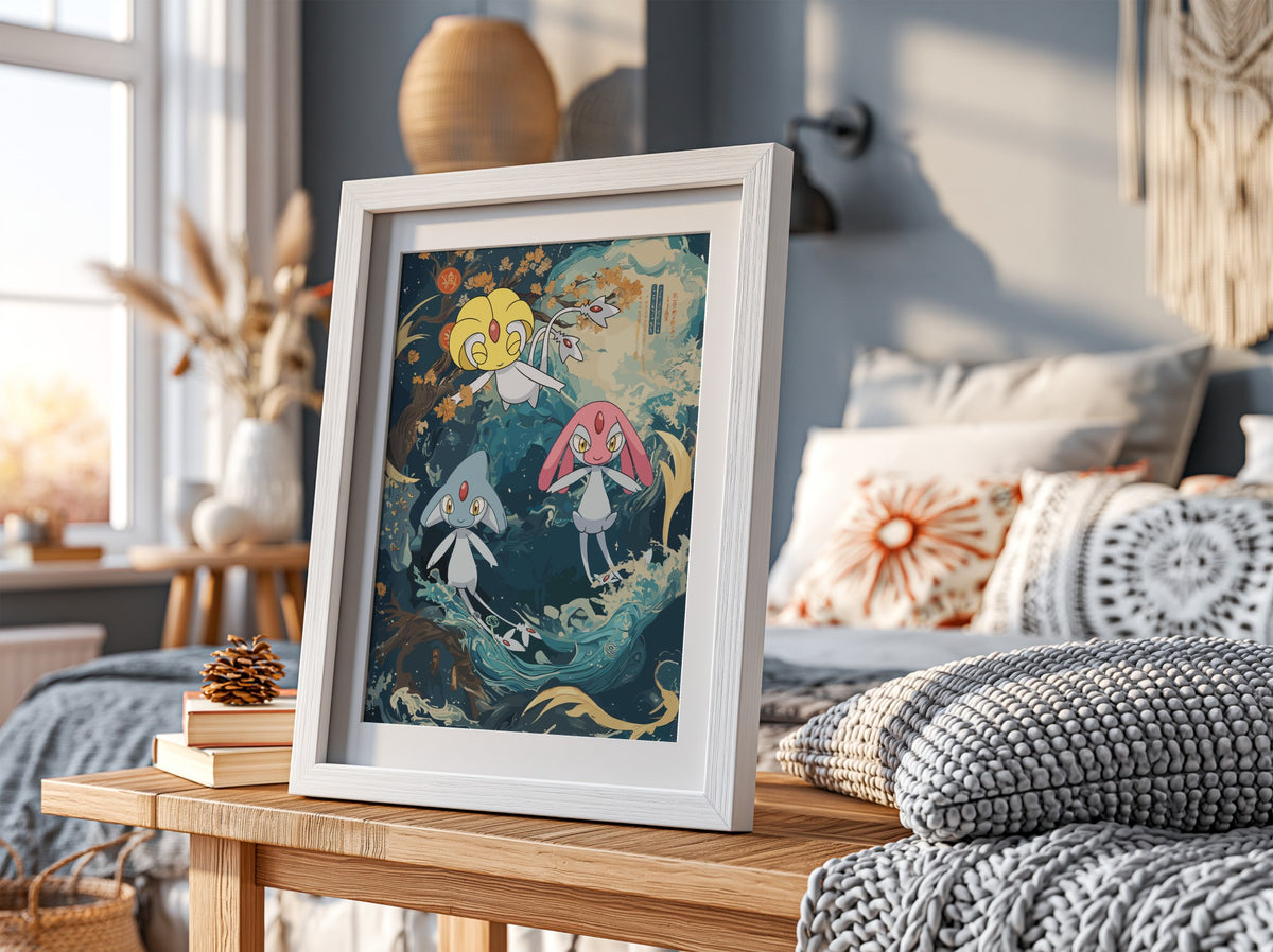 Lake Guardians poster featuring Uxie, Mesprit, Azelf in blue and gold tones with swirling lake and autumn