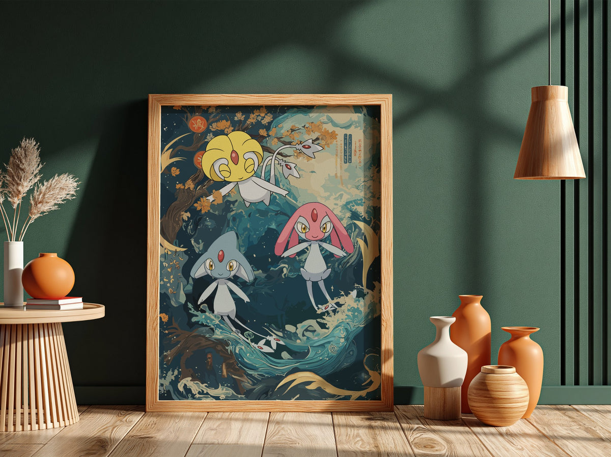 Lake Guardians poster featuring Uxie, Mesprit, Azelf in blue and gold tones with swirling lake and autumn