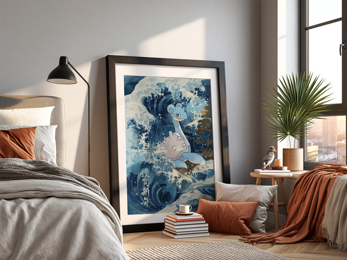 Wall decor featuring Lapras in Japanese-style ocean waves with blue, white, and beige tones
