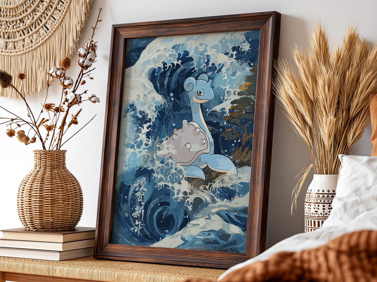 Wall decor featuring Lapras in Japanese-style ocean waves with blue, white, and beige tones