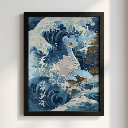 Wall decor featuring Lapras in Japanese-style ocean waves with blue, white, and beige tones