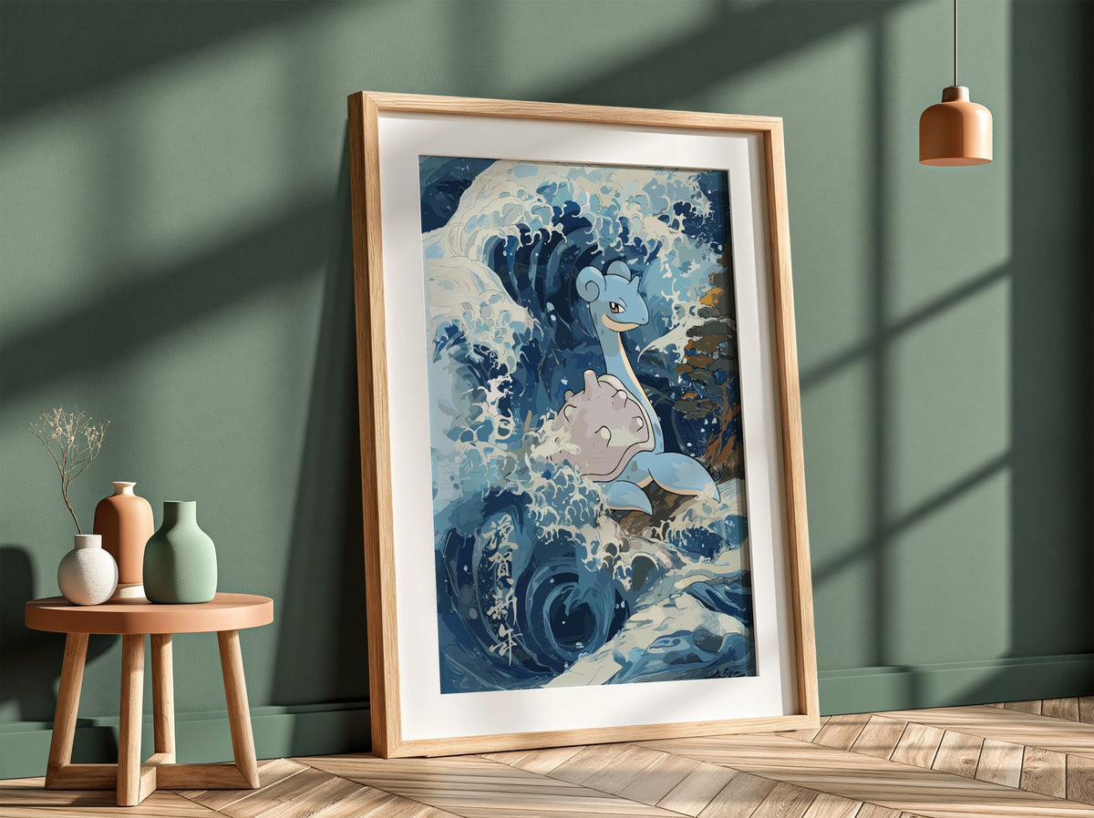 Wall decor featuring Lapras in Japanese-style ocean waves with blue, white, and beige tones
