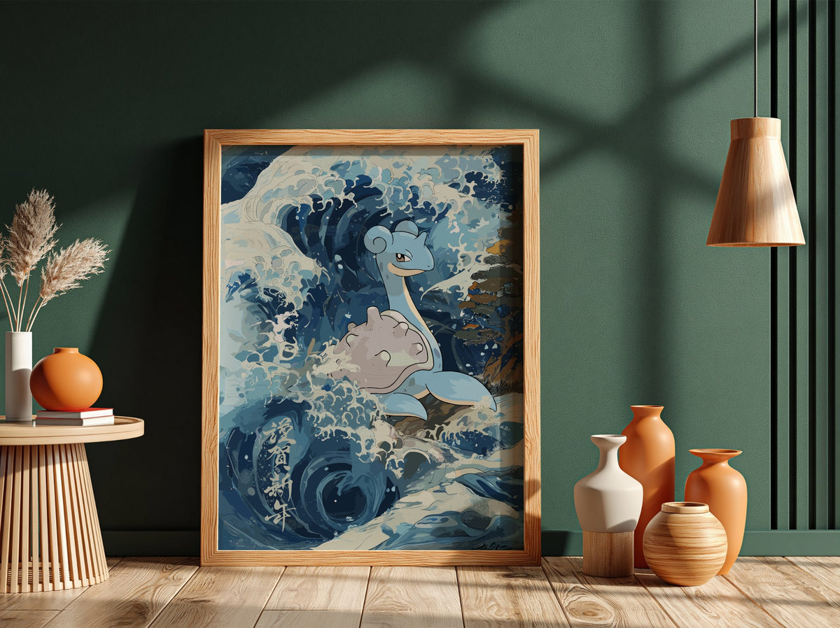 Wall decor featuring Lapras in Japanese-style ocean waves with blue, white, and beige tones