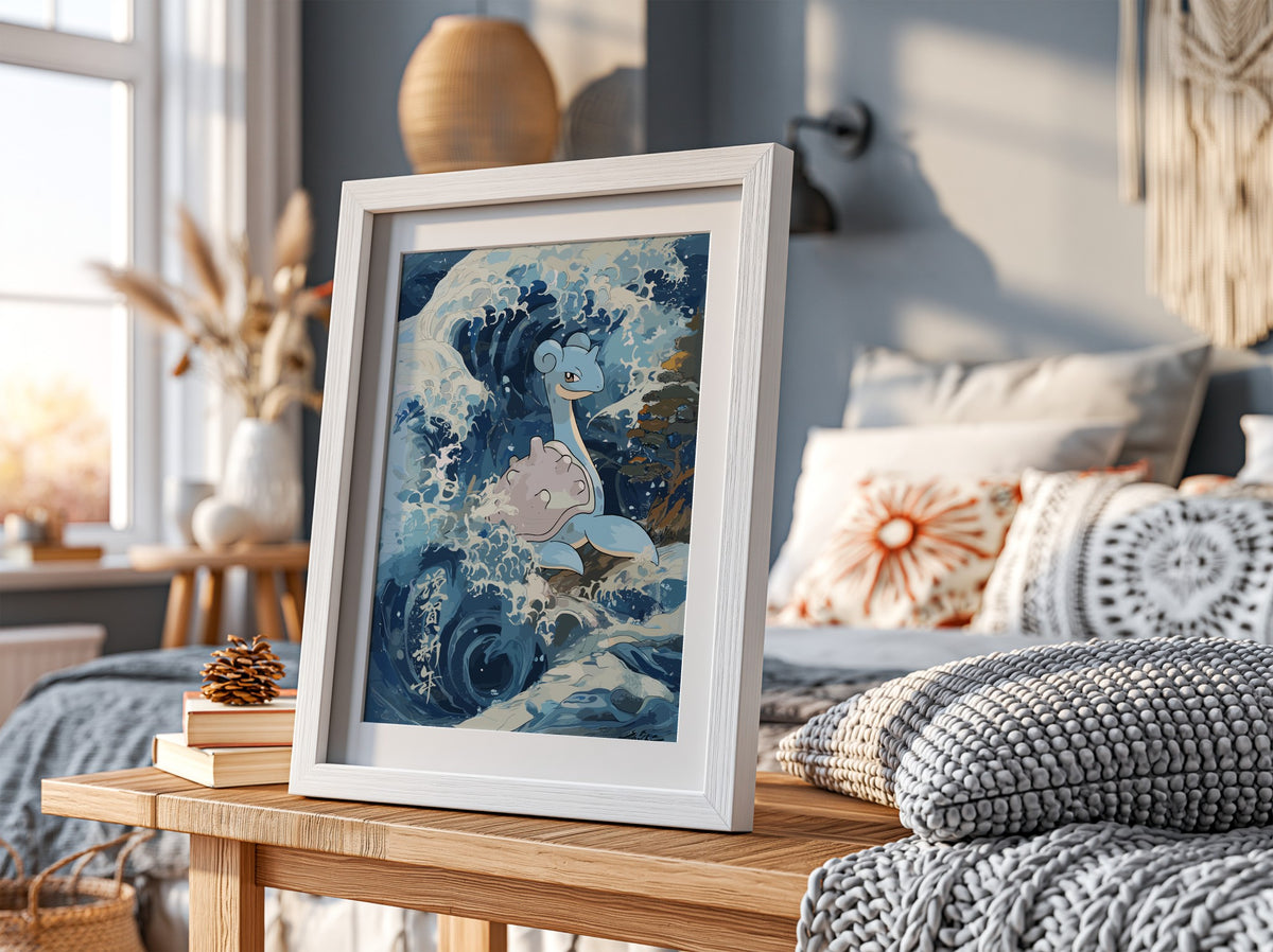 Wall decor featuring Lapras in Japanese-style ocean waves with blue, white, and beige tones