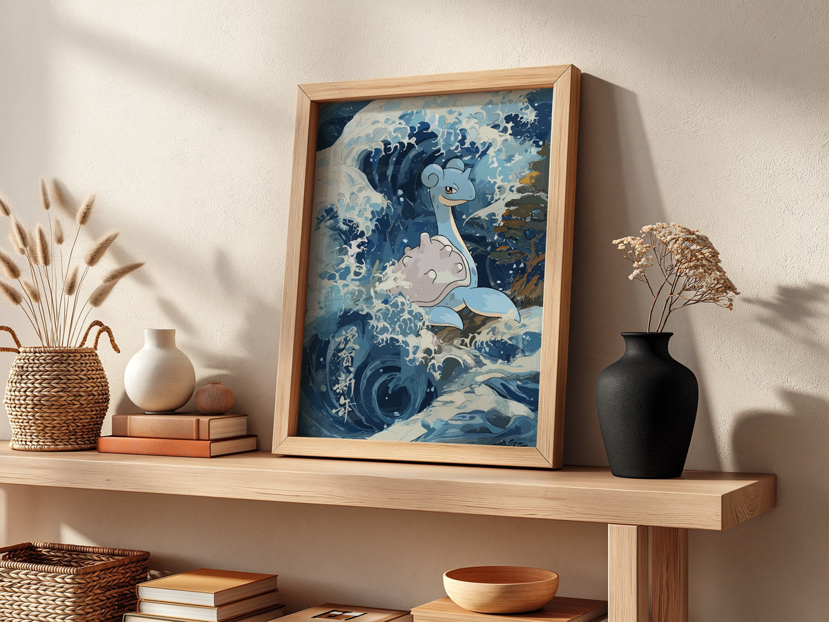 Wall decor featuring Lapras in Japanese-style ocean waves with blue, white, and beige tones