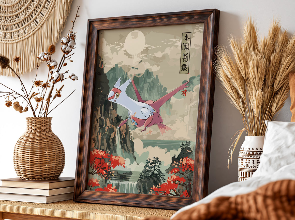 Poster featuring Latias flying over mountains with red foliage in Japanese brushstroke style