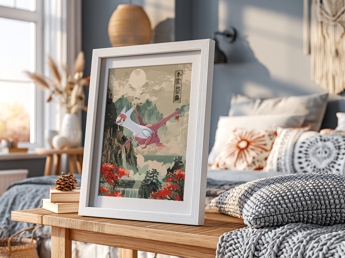 Poster featuring Latias flying over mountains with red foliage in Japanese brushstroke style