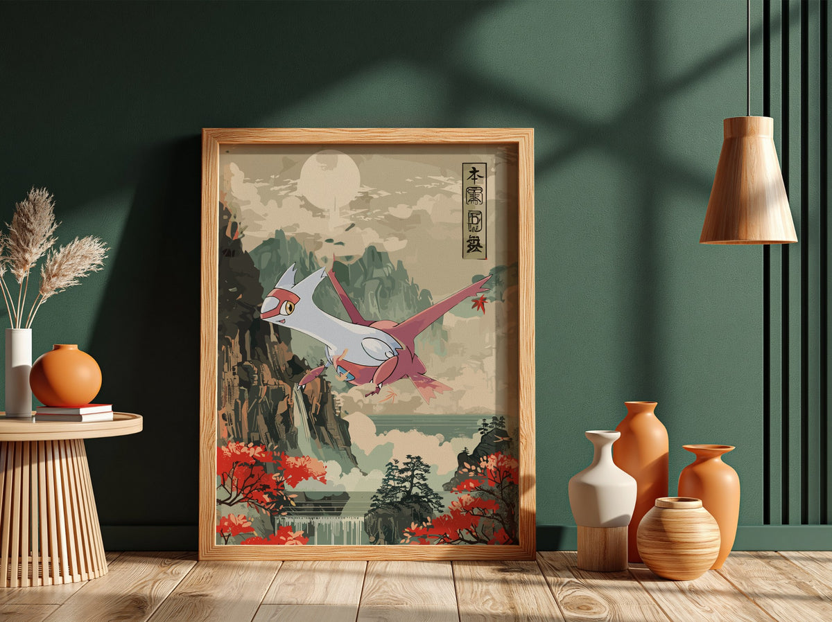 Poster featuring Latias flying over mountains with red foliage in Japanese brushstroke style